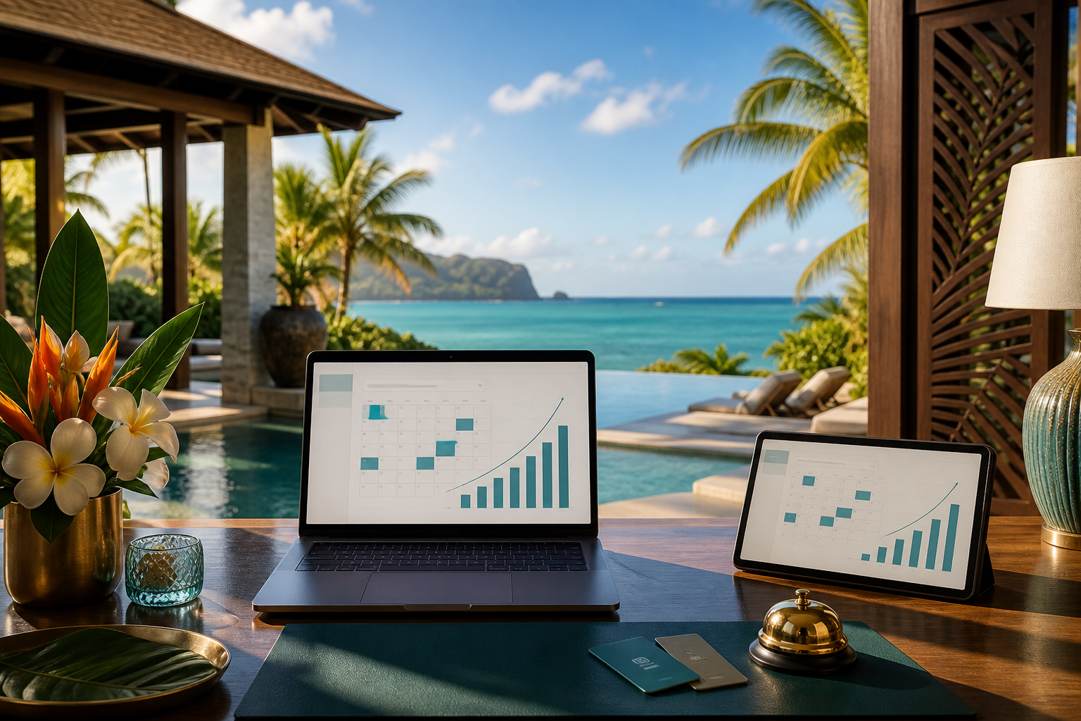 A tropical property workspace showing booking growth beside an infinity pool